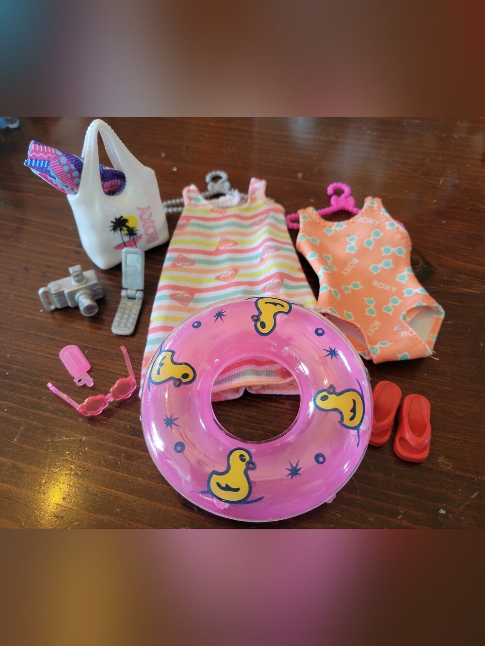 Roxy Brand Curvy Doll Outfit & Pink Duck Swim Ring with Beach Accessories